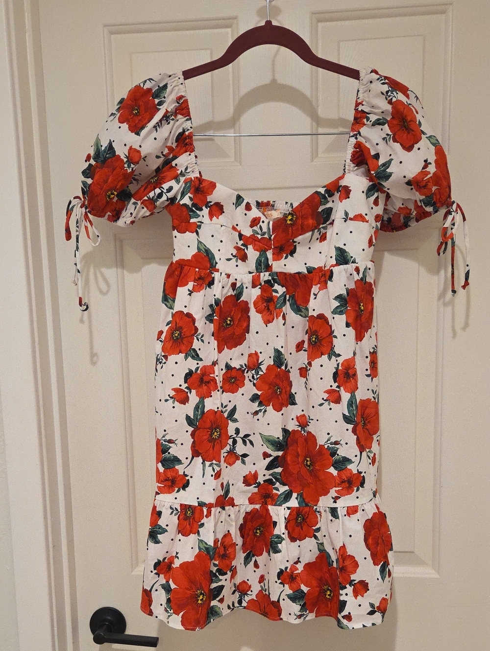 Olivaceous White Dress with Red Floral Print
